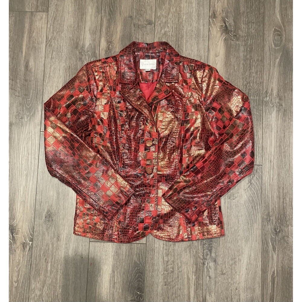 Erin London Jacket Womens Medium Red￼ Textured Faux Leather Button Soft